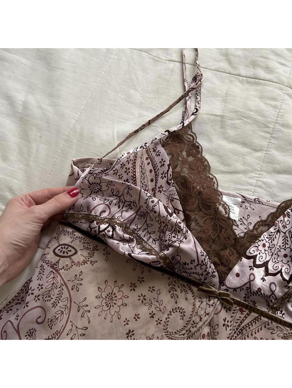 Y2K Pink Paisley Babydoll Lace Trim Sheer Cami Top Coquette Large - Picture 2 of 8